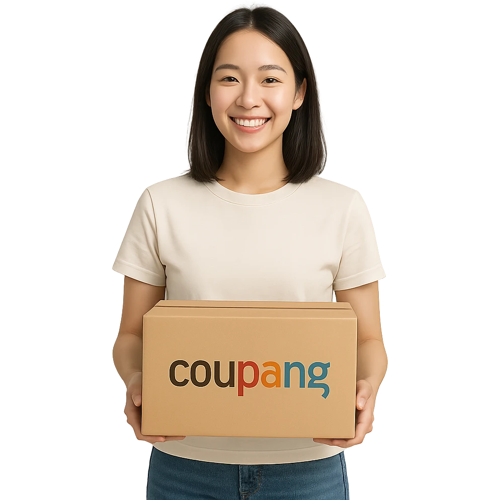 young woman holding a Coupang delivery box, smiling, modern feeling, simple style emoji