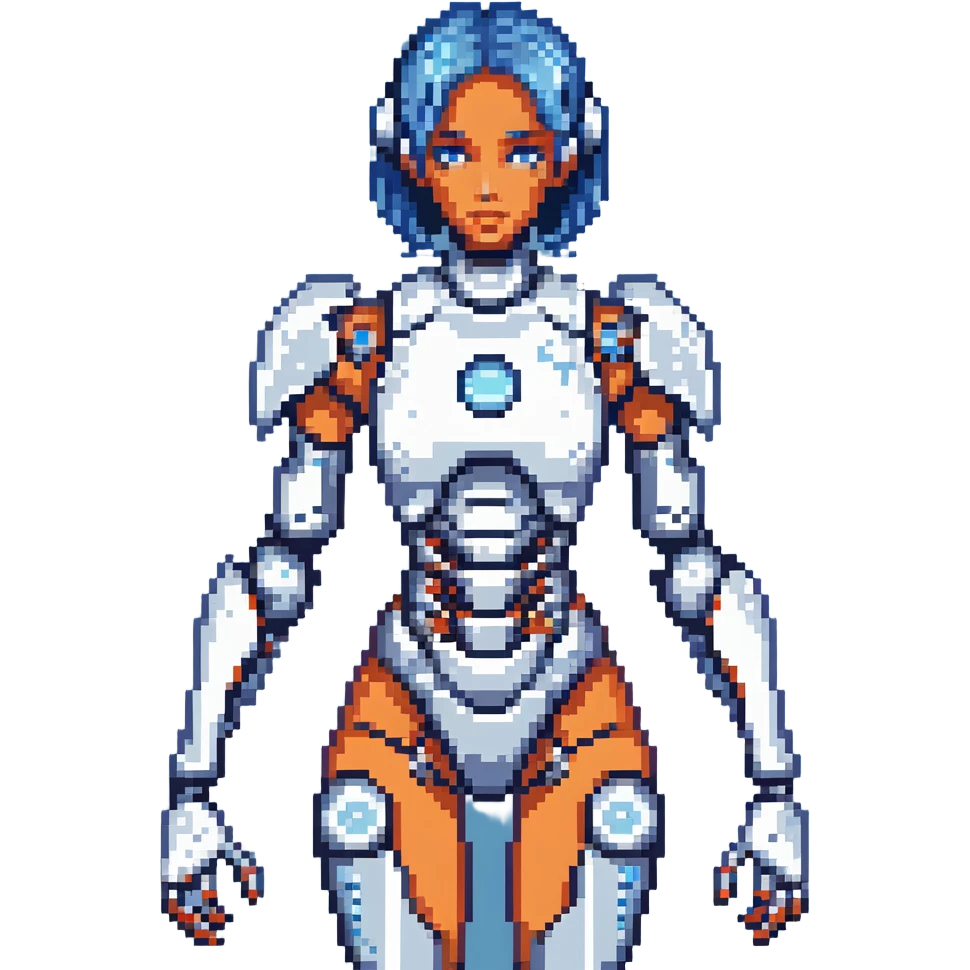futuristic cyborg girl with robotic limbs in blue and silver palette emoji