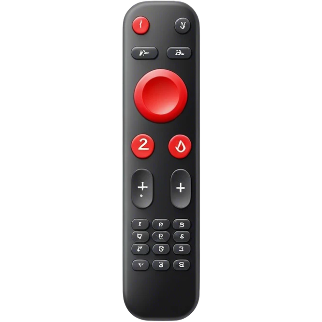 One black tv remote control with red border, frontal face in  2 dimensions. The remote control have to have 4 buttons in black and one big one in red and the play sign emoji