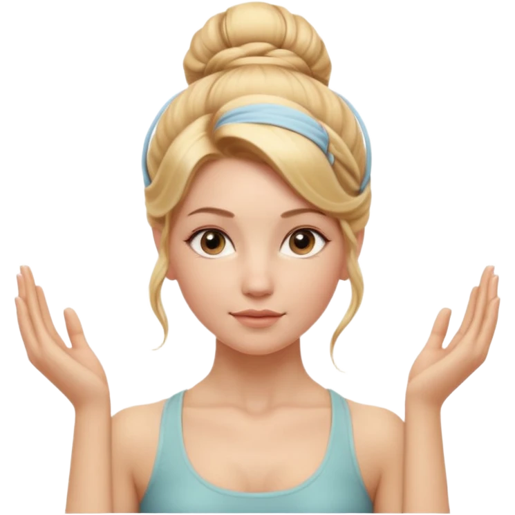 Cinematic Realistic yoga Portrait, depicted with lifelike skin texture, subtle rosy undertones, and soft natural lighting that enhances the gentle contours of her face. Her intricately detailed golden blonde hair is elegantly styled in an updo, emoji