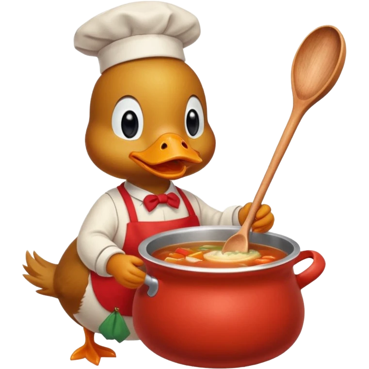 A duck wearing red apron stirring soup in a small pot, looking very focused. emoji