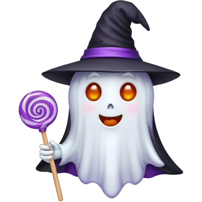 cute and spooky Halloween emoji — a ghost wearing a witch hat and holding a lollipop emoji