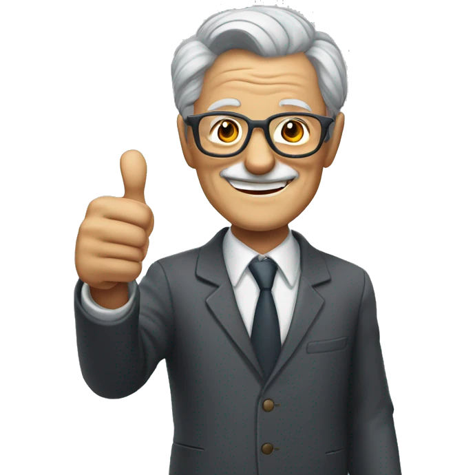 smiling old man with grey hair on the side and light glasses in a suit with thumb up emoji