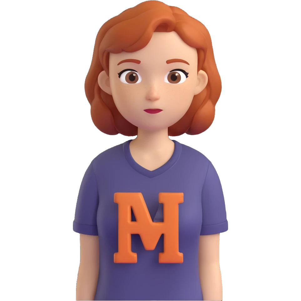 memoji style portrait of a woman with ginger hair, auburn shirt, neutral expression emoji