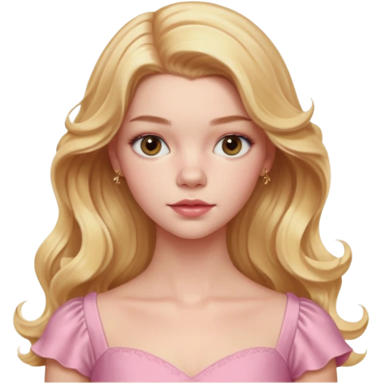 Cinematic Realistic Anya Taylor Joy Portrait, depicted with lifelike skin texture, subtle rosy undertones, and soft natural lighting that enhances the gentle contours of her face. Her intricately detailed golden blonde hair is elegantly wavy, and pink dress emoji