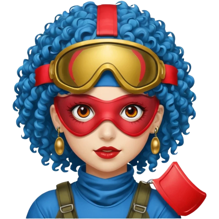 blue curly haired paintball playergirl with huge earrings, wearing red paintball eye mask helmet emoji