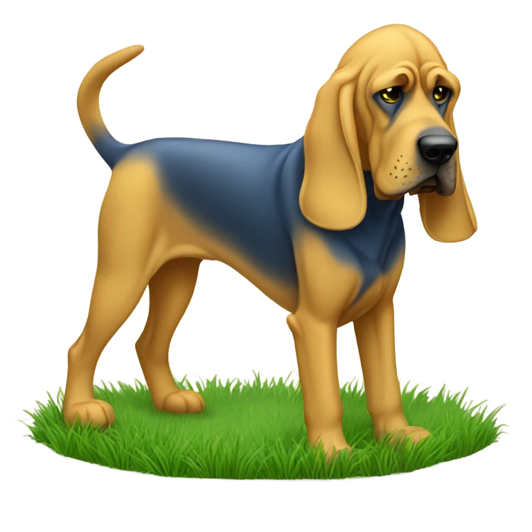 blue and yellow bloodhound sniffing the grass.  emoji
