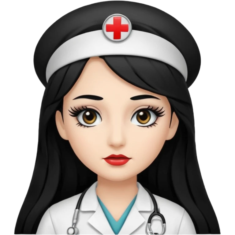 Nurse, long hair,black hair, black eyes, false eyelashes, makeup, eyeliner,  emoji