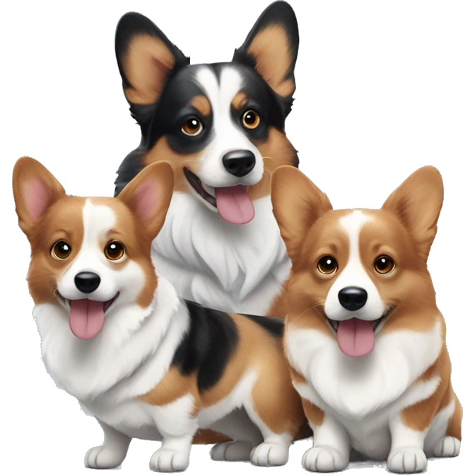 One red headed tri corgi, one black headed tri corgi, and blue Merle corgi  with blue eyes emoji