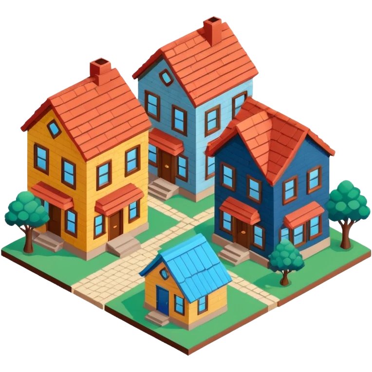 group of 3 houses representing neighborhood isometric houses on transparent background emoji