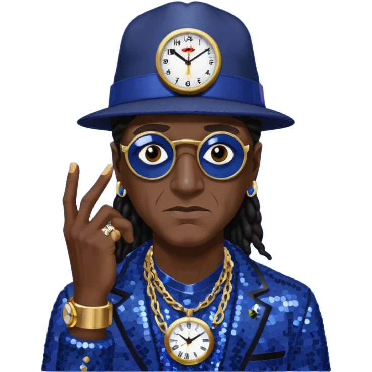 Flavor Flav with dark brown hair, indigo sequin outfit, black hat emoji