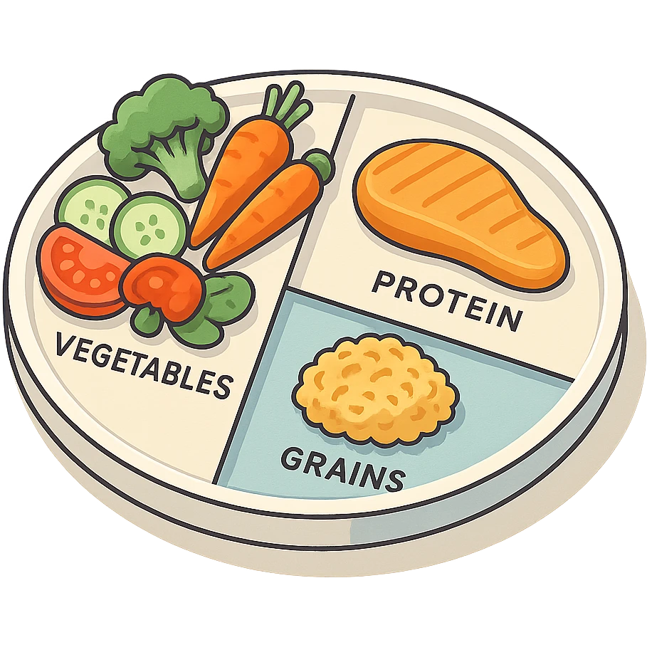 Harvard plate, isometric view, half plate vegetables, quarter proteins, quarter complex carbohydrates, foods arranged in sectors, very detailed drawing, shadows and highlights, clean contours, soft lighting, transparent background emoji