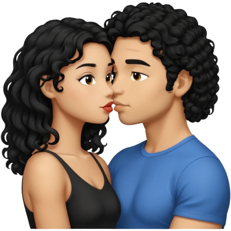 a strong man with short STRAIGHT black hair kissing a shorter girl with long black curly hair emoji