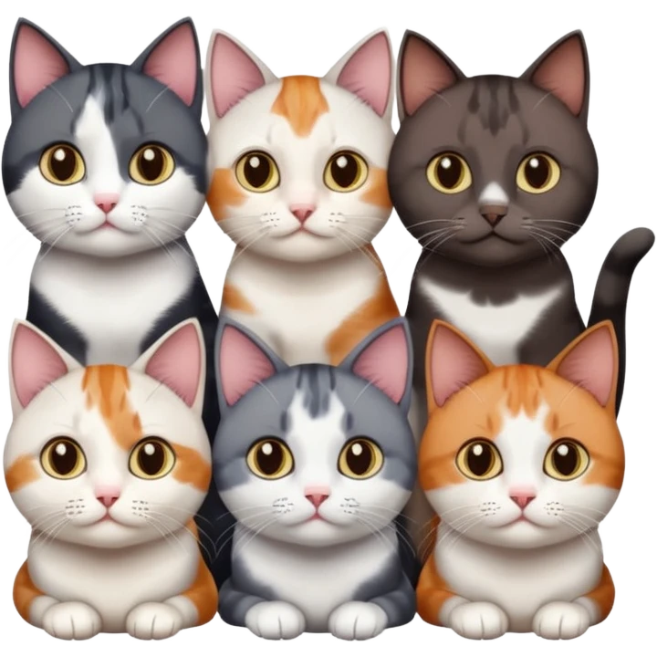 5 different coloured short haired cats including; a dark brown and white cat, and a dark grey and white, and a calico emoji