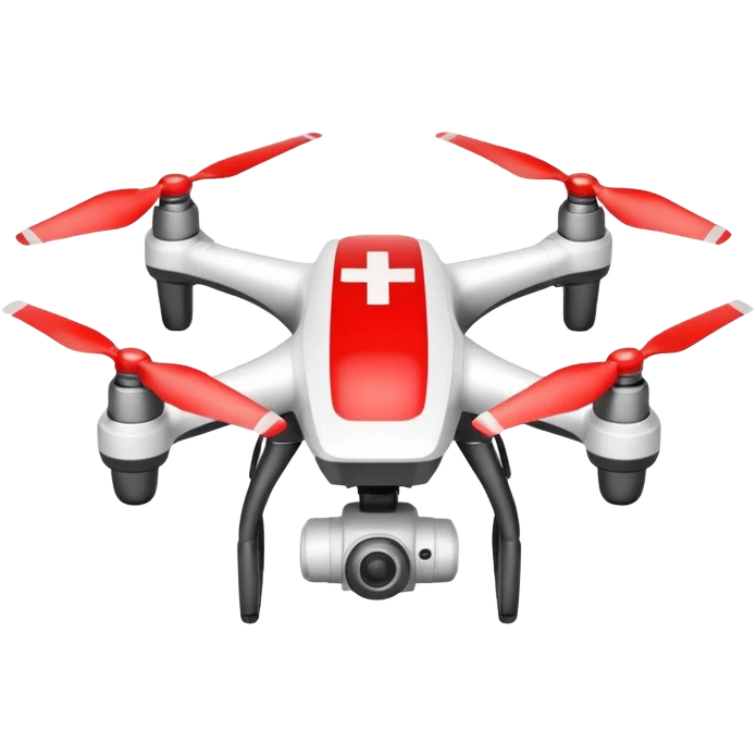 Rescue drone sticker, emergency quadcopter with medical cross symbol, red and white color, simple flat vector style, bold outline, transparent background emoji