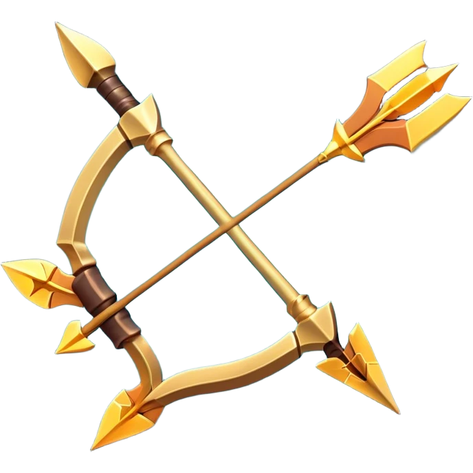 Clash of Clans aesthetic: Cinematic Playful 3D Isometric Bow & Arrows Emoji, rendered in a 3D vector-style similar to standard emojis with minimal shading and bold, simplified shapes. A compact, distinct form with signature details, softly glowing with a fantasy RPG magic charm. Simplified yet unmistakably iconic, highly detailed and consistent, glowing with a soft radiance and high shine. Stylized with a touch of heroic grandeur and a soft glowing outline, capturing the essence of a beloved gaming relic with a friendly, playful manner! emoji
