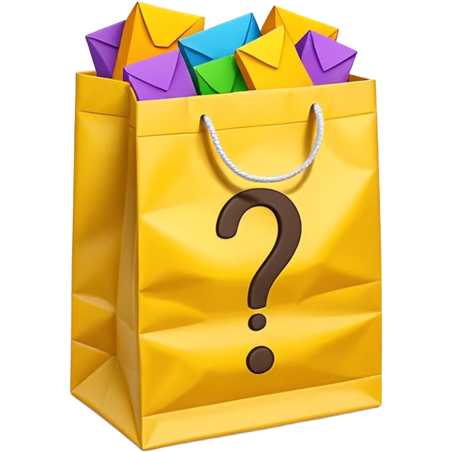 White bag with yellow questions mark cube boxes stuffed in it emoji