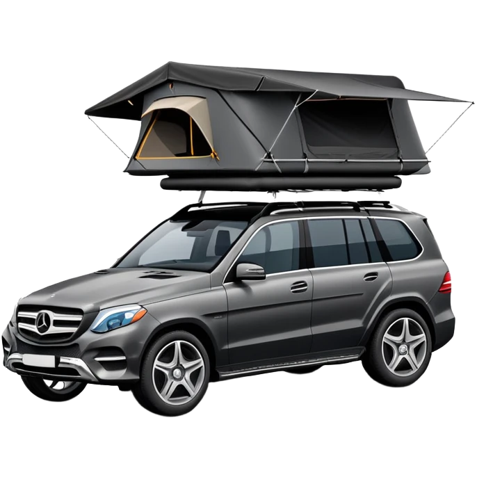 black Mercedes Benz car with roof tent emoji