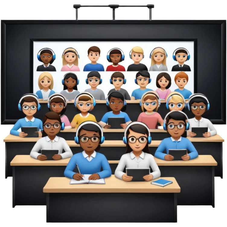 Birdseye view of large study space with students working separately add students wearing Vision Pro headsetd emoji