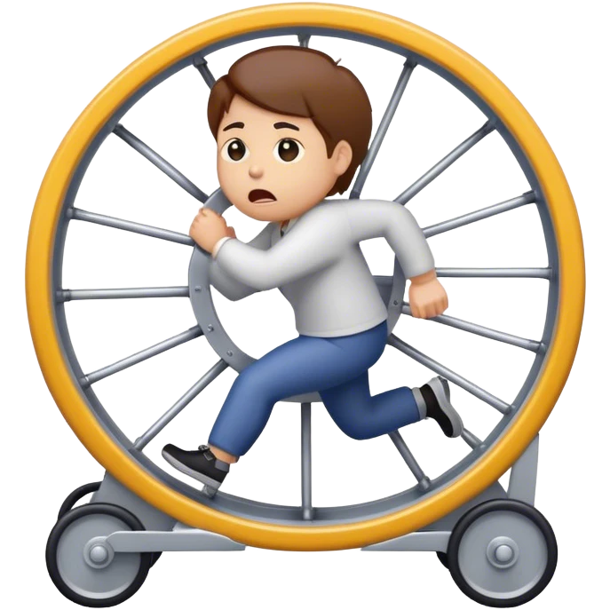"Create an emoji of a stressed-out agency owner or coach, running on a hamster wheel, chasing after clients with desperation. The character looks frustrated and tired, symbolizing unpredictable income."


 emoji
