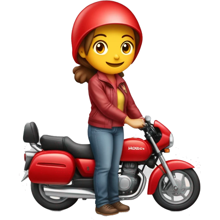 Vendedora feminina com capacete da Honda na cor vermelho e branco e segurando nas mãos uma placa escrito "Honda Lindinha" emoji