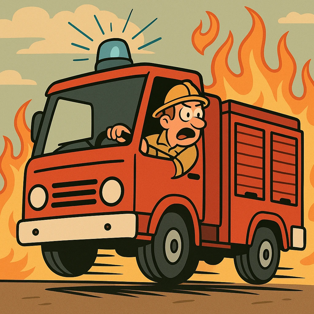 cartoon style fire truck with blue flashing light, fast driving, flames in the background emoji