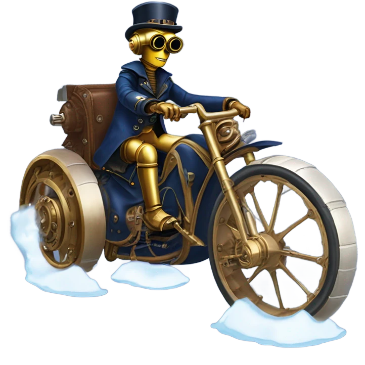 C-3PO wearing a pair of navy-blue rimmed steampunk goggles, hat, leather chaps, fringe jacket riding a fast 3 wheeler trike steampunk motorcycle on ice  emoji
