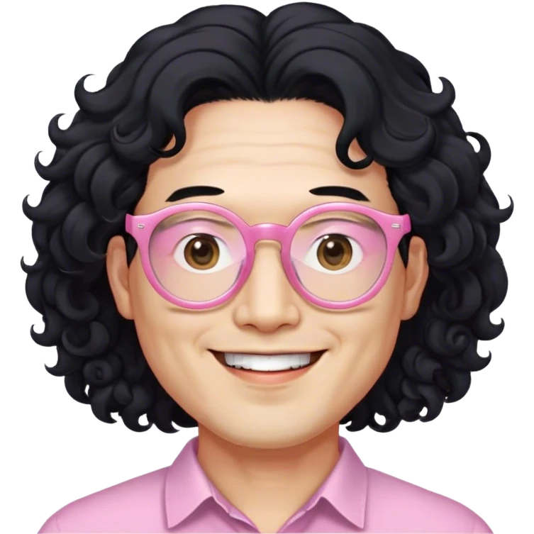 korean man in their40's with long curly hair to their jaw and shaved underneath on both side. light pink glasses and a smil emoji