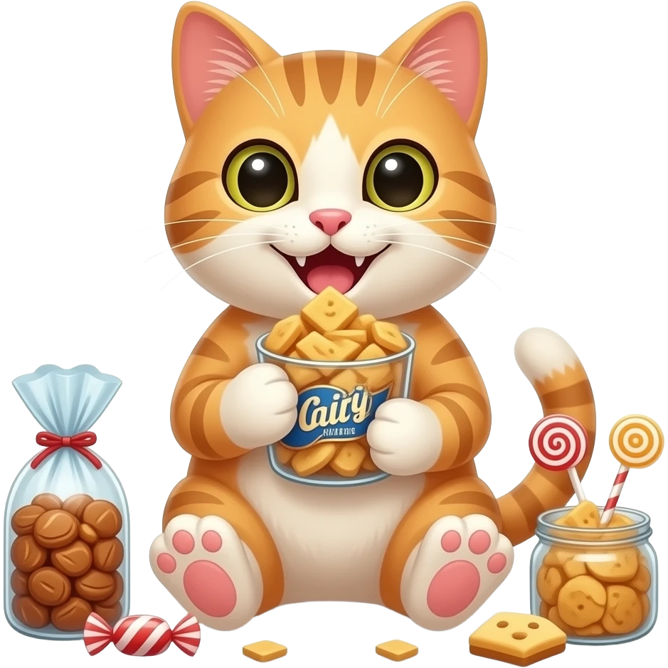 a happy cat enjoying snacks and candy emoji