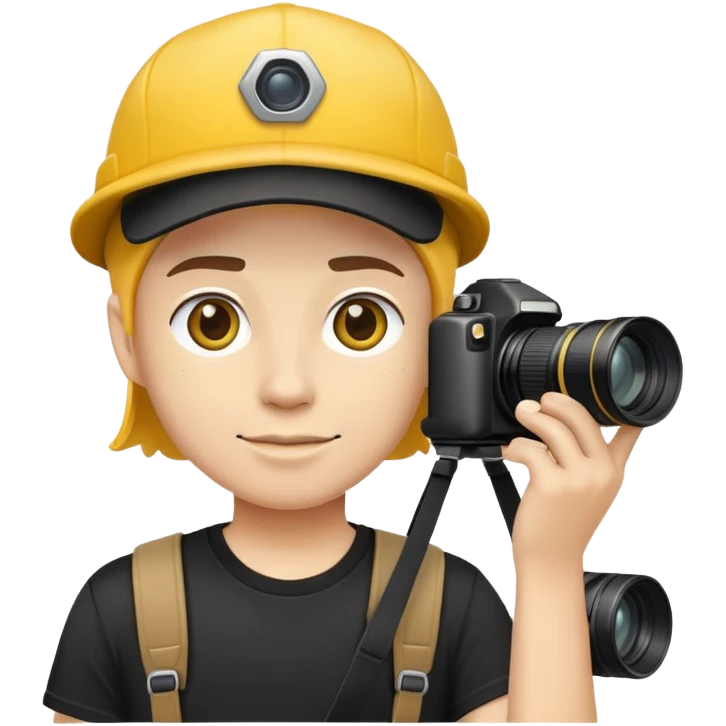 Photographer with a camera, yellow cap, black T-shirt emoji