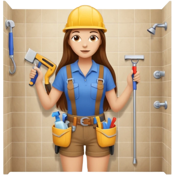 beautiful girl with long brown hair constructing new bathroom area with new shower and amenities  emoji