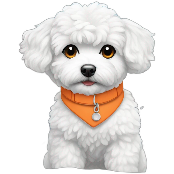 white maltipoo enjoying in the snow with orange collar emoji