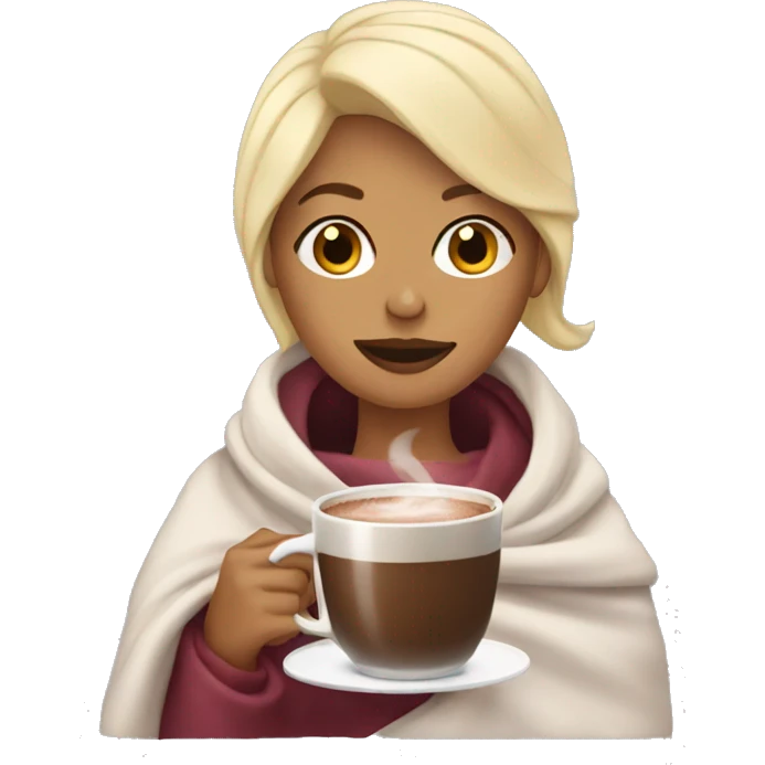 Blonde woman in blanket with hot chocolate emoji