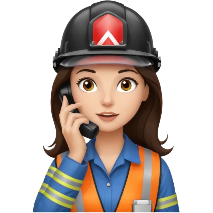 okay now do a brunette girl with long dark brown hair. rolling her eyes like she is annoyed as she is on a phone call (iphone) and is wearing a engineer helmet  emoji