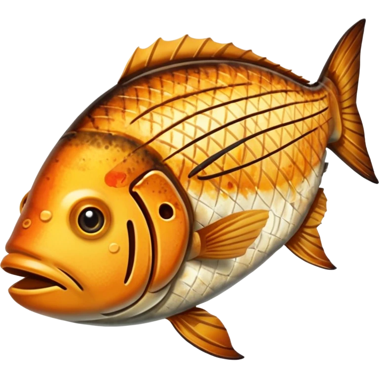 create a Whole good brownish Grilled Fish Camera angle: slightly elevated top-down view with a gentle bird’s-eye perspective (about 15–20°), identical perspective and scaled do not add anything on plate

 emoji