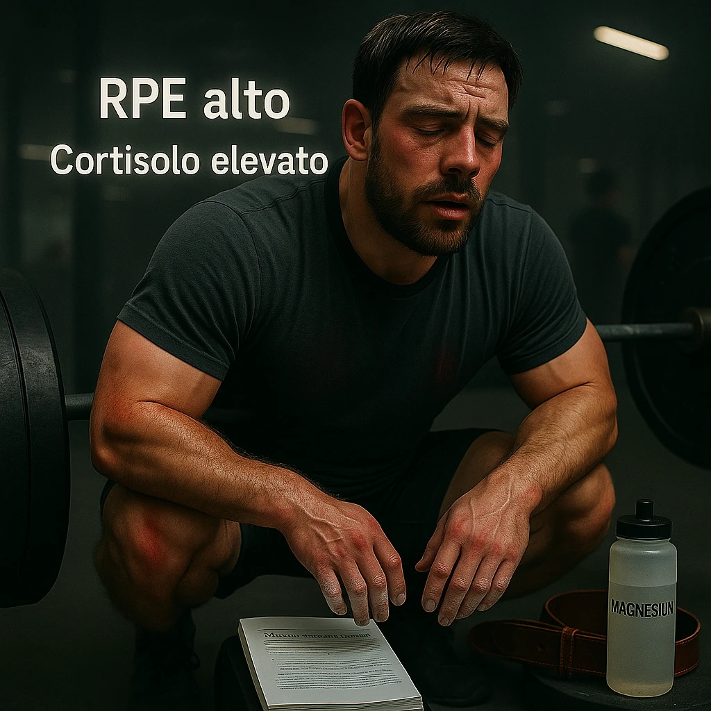 Replace the floating icons above the head with clear and readable Italian text: 'RPE alto' and 'Cortisolo elevato', maintaining the cinematic style and original color palette of the image. emoji