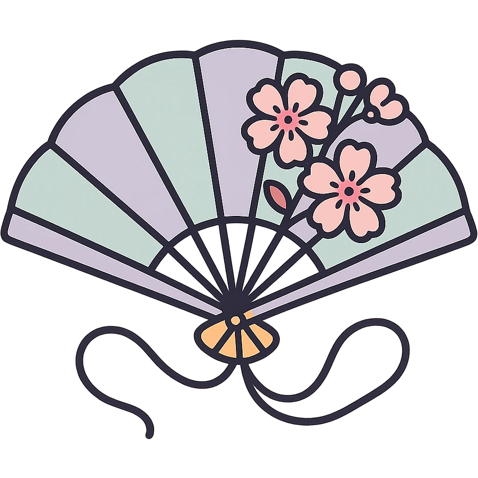 elegant Chinese fan with cherry blossom flowers and curved cords, high detail, complex shadows and highlights, thin clean outlines, soft rounded shapes, pastel palette #98B5BC, #B5B3C1, #C9A3C9, #E4C0CA, #F7DCD1, #F7C0AA, modern Japanese pop art and sticker aesthetic, soft lighting, transparent background emoji