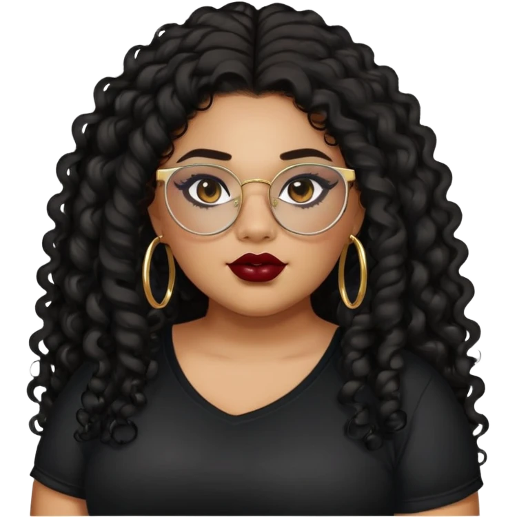 teen big plus size, latina, darker tan skin, gold hoops, long black curly hair, baddie,pretty, makeup, dark red lipgloss, black eyeliner, long hair, black shirt, black glasses emoji