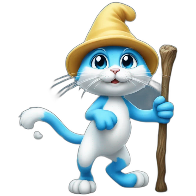 smurf cat with white hat walking on the stick emoji