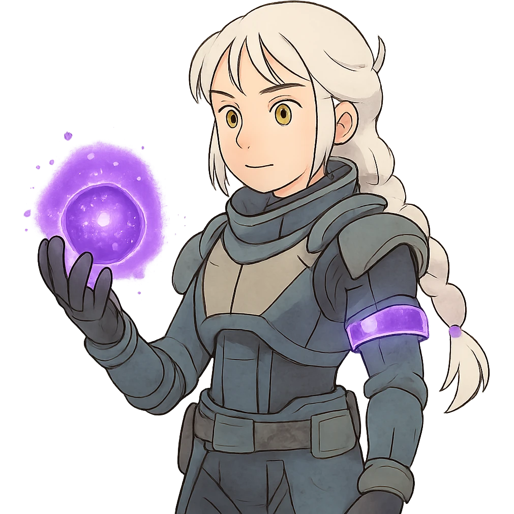 1 female, white hair long braid, gold yellow eyes, no helmet, a novice warlock from Destiny 2 armor, charging a void grenade in her hand, futuristic technology, with a glowing warlock bond, level 1 warlock emoji