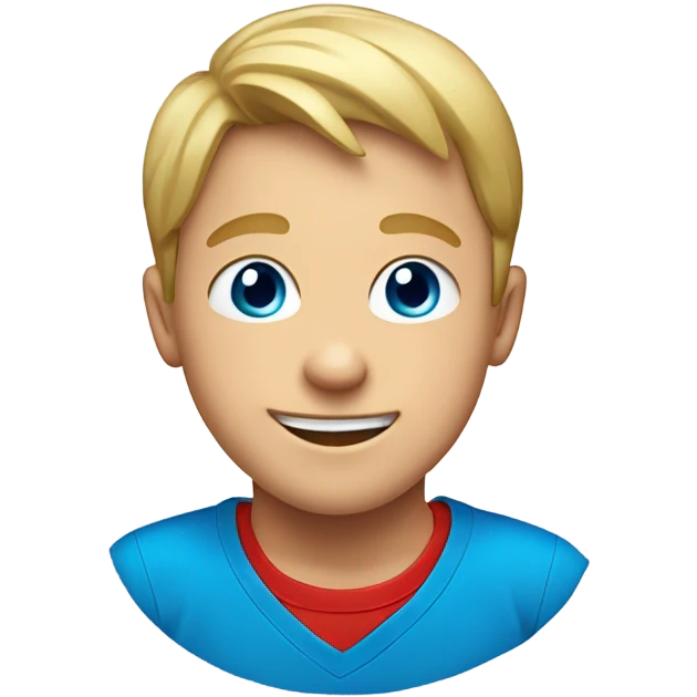 smiling boy in red shirt dirty blonde hair blue eyes emoji