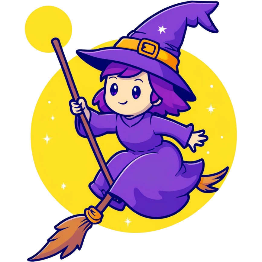 cute witch with purple hat flying on a magical broom with sparkles emoji