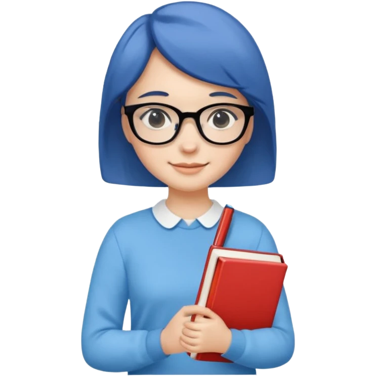 A smart and cute girl with short hair, wearing sky blue clothes,
I hold a book in one arm. There is a pen in the book.
He is wearing black-rimmed glasses and smiling brightly. emoji