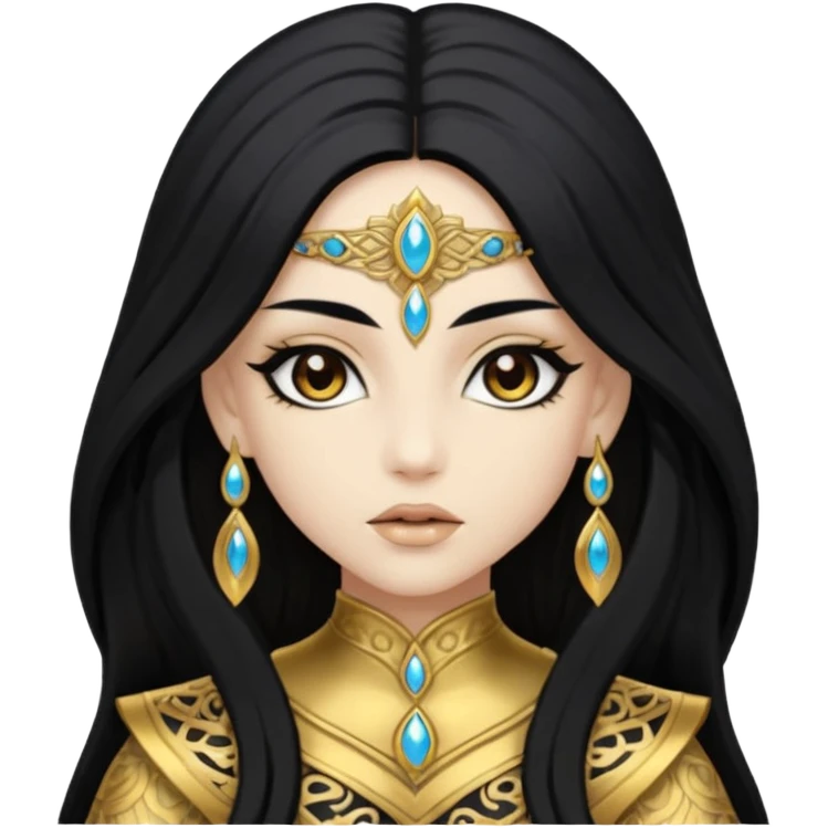 Akasha with white skin, brown eyes, black long hair, gold outfit emoji