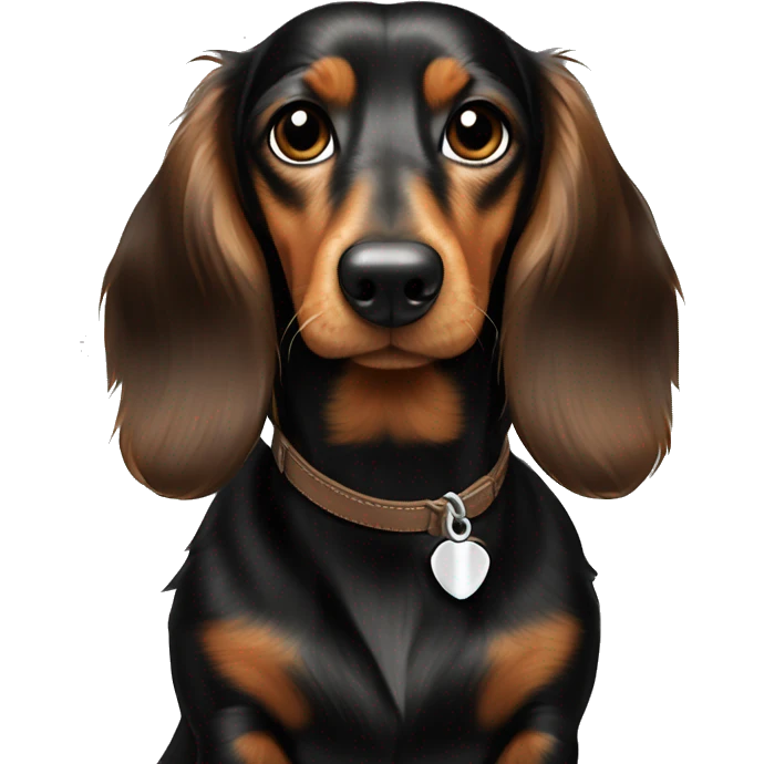 Black and Brown medium long hairs dachshund with a bone collar that says “Benny” emoji
