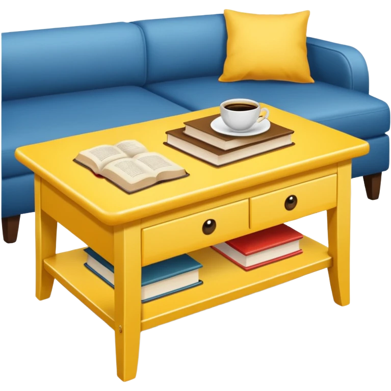 yellow coffe table, coffee on top, books under table
 emoji