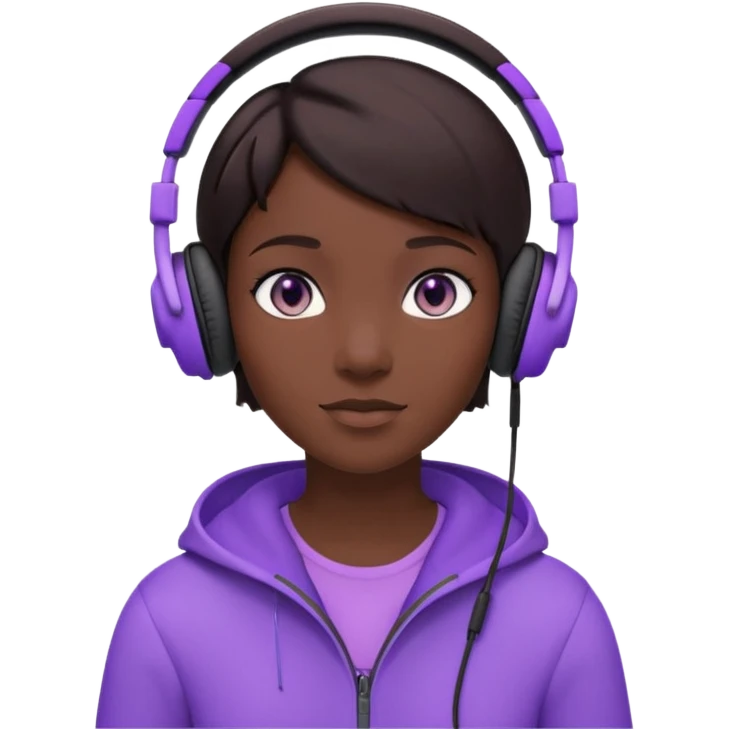 3D cartoon avatar, dark skin, short brown hair, black over-ear headphones, glowing light purple eyes, minimal face, centered portrait, soft lighting, plain white background, clean modern style, high quality render. emoji