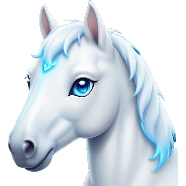 Cinematic Cute White Horse Portrait Emoji, Head tilted playfully and inquisitively, showcasing a glossy white fur with a luminous sheen and gentle, expressive blue eyes, Simplified yet irresistibly adorable features, highly detailed, glowing with a warm, friendly glow, high shine, affectionate and spirited, stylized with a touch of whimsy, bright and endearing, soft glowing outline, capturing the essence of a mischievous yet loving horse, so playful it feels like it could prance out of the screen and into your arms! emoji