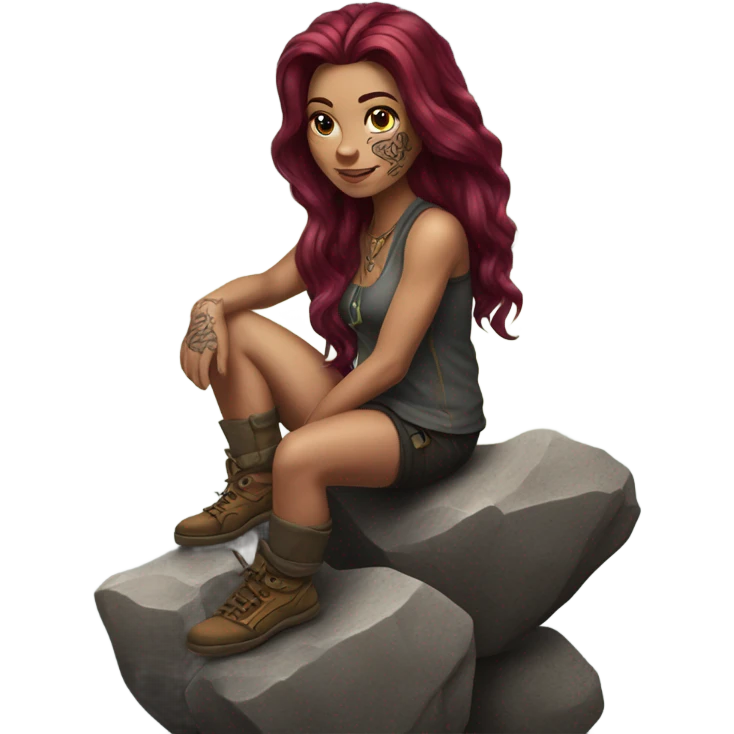 Beautiful tattooed woman long burgundy hair climbing rocks emoji