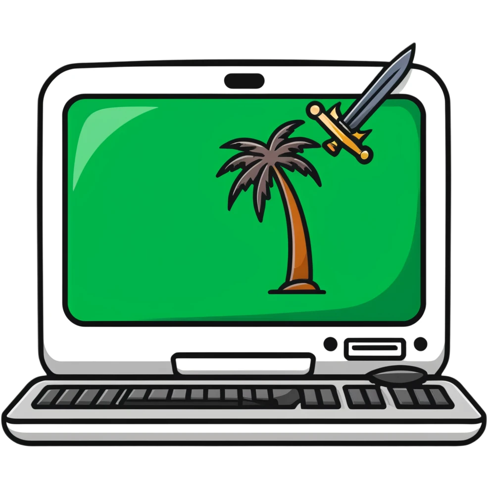 computer with Saudi Arabia palm tree and swords emblem on screen emoji